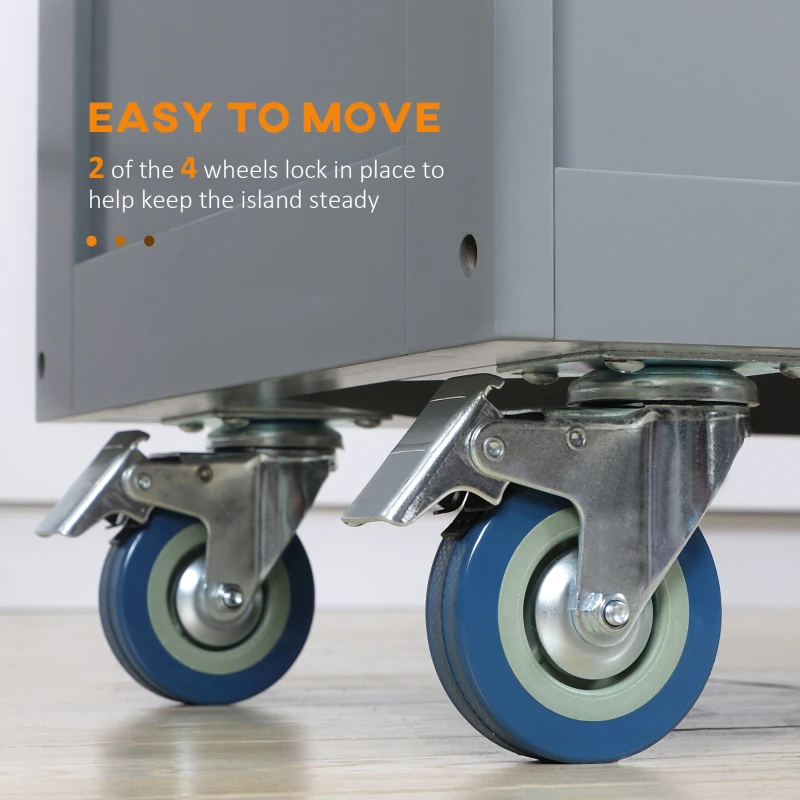 HOMCOM Rolling Kitchen Island on Wheels Utility Cart with Drop-Leaf and Rubber Wood Countertop, Storage Drawers, Door Cabinets, Grey