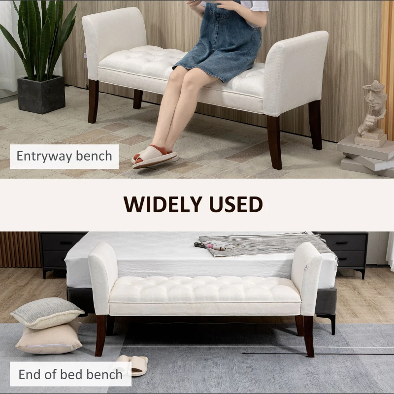 HOMCOM Upholstered Bedroom Bench with Button Tufted Design, End of Bed Bench with Arms and Solid Wood Legs, Cream White