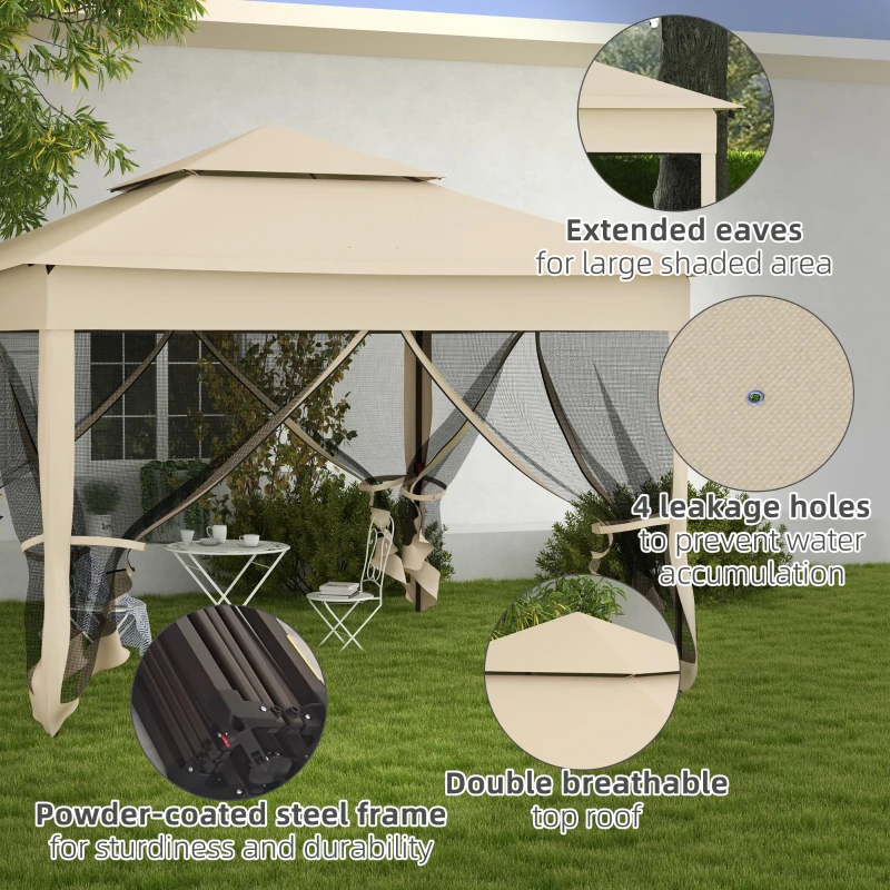Outsunny Outdoor Patio Pop Up Canopy Gazebo Shelter with Zipper Netting, Carry Bag, 11' x 11', Beige