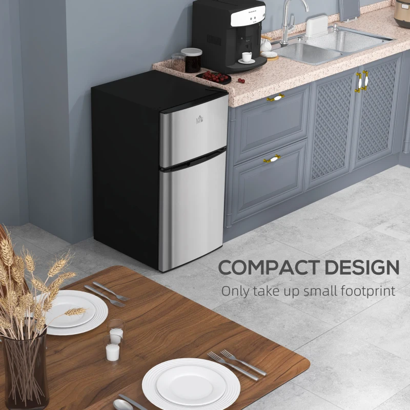 HOMCOM 3.2 Cu Ft Compact Refrigerator, Mini Fridge with Freezer, Adjustable Shelves and Reversible Doors for Bedroom, Silver