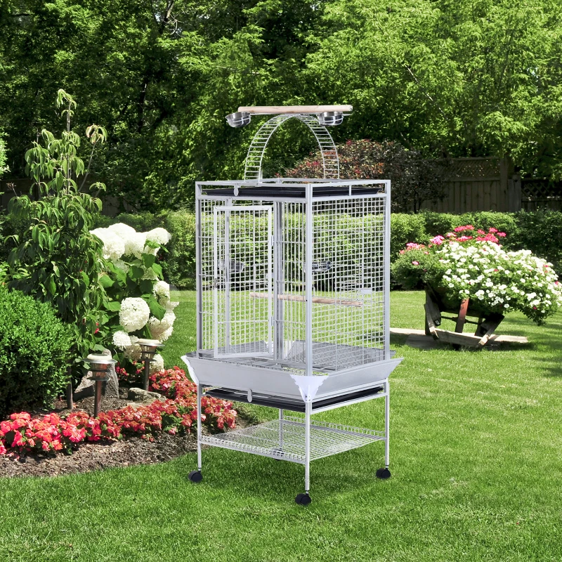 PawHut 63" Large Bird Parrot Cage Stand Finch Feeder Play Top House Perch Bowl Wheels, Silver