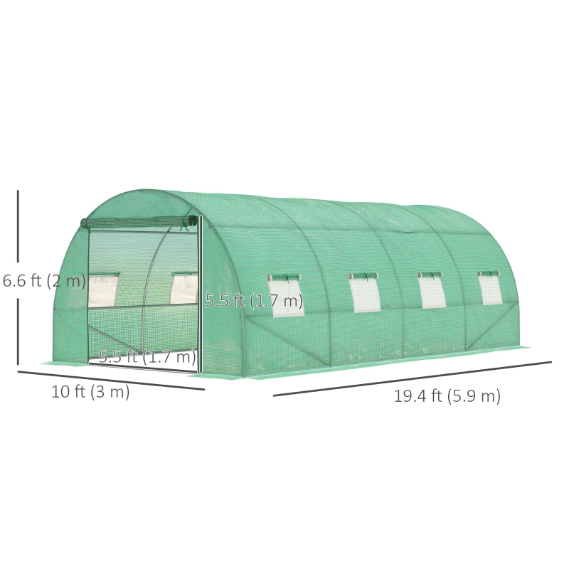 Outsunny Walk-in Tunnel Greenhouse, 19 x 10 x 6.6 ft Hoop House with Zipped Roll-Up Door and 8 Mesh Windows, Outdoor Greenhouse with Galvanised Steel Frame, Green