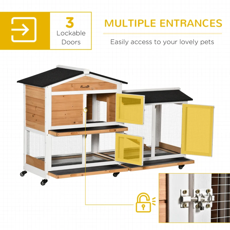 PawHut 62" Wooden Rabbit Hutch with Wheels, Run Box, Tray, Ramp for Small Animals, Guinea Pig, Indoor Outdoor Use, Yellow
