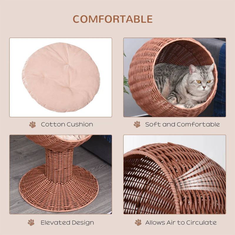 PawHut Elevated Cat Bed with Rotatable Egg Chair Pod, Cat Basket Bed with Thick Cushion, Natural Mat Grass Woven Kitty House, Brown