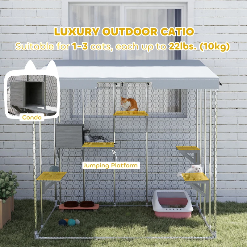 PawHut 79" Galvanized Steel Large Catio with Waterproof Canopy, Sleeping Box, Jumping Platforms, for 1-3 Kittens, Silver(m-4)