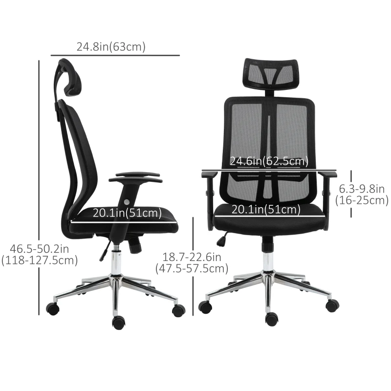 Vinsetto High Back Mesh Chair Office Task Chair with Adjustable Height, Headrest, Arm, Lumbar Back Support, Black