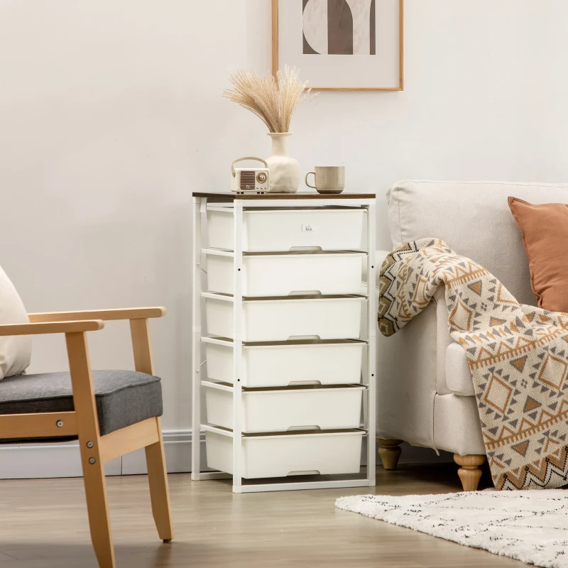 HOMCOM Dresser Storage Drawers with 6 Plastic Bins and Steel Frame, Crafting Bins for Living Room, Bedroom, White