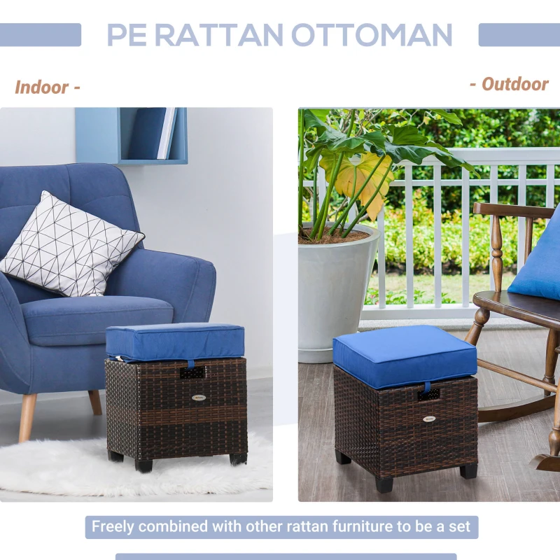 Outsunny 2 PCS Patio Wicker Ottoman Set, Two Square Outdoor PE Rattan Footrest with Removable Cushion, Freely Combined Furniture w/ Handle for Backyard, Garden, Poolside, Blue