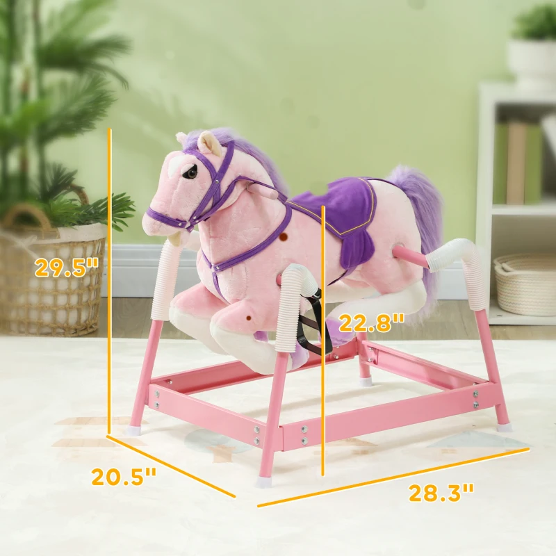 Qaba Spring Rocking Horse, Kids Ride on Horse, Plush Horse Ride-on w/ Sounds & Foot Stirrups for Kids 3-8 Years, Pink