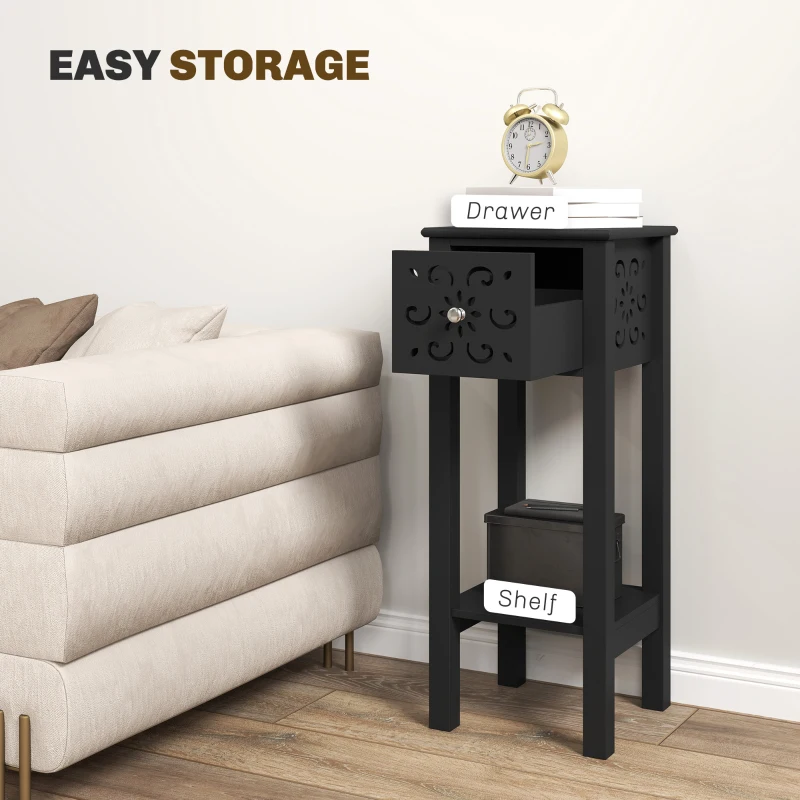 HOMCOM Nightstand Set of 2 with Drawer and Open Storage Shelf Black