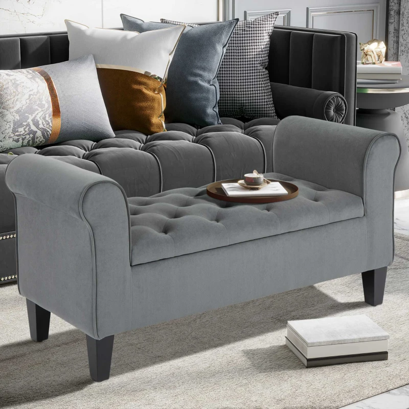 HOMCOM Button-Tufted Storage Ottoman Bench, Upholstered Bench with Rolled Armrests for Living Room or Hallway, Gray