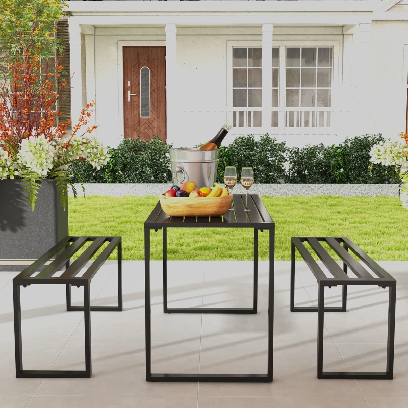 Outsunny 3 Pieces Outdoor Metal Picnic Table Set with 2 Benches, for Garden, Patio, Black