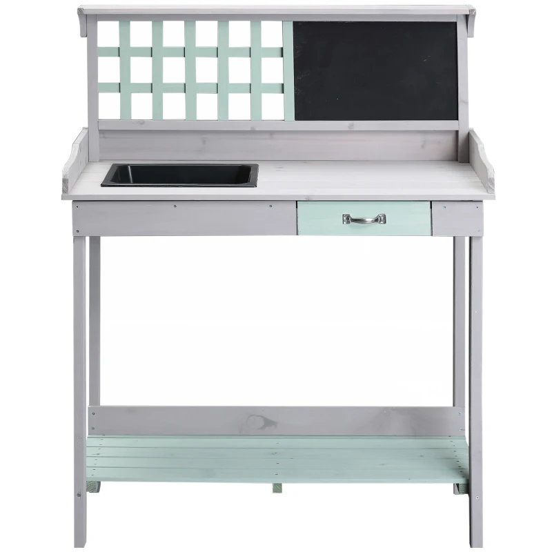 Outsunny Outdoor Wooden Potting Bench Table with Removable Sink, Garden Work Bench with Chalkboard, Drawer, Open Shelf Storage, Light Gray