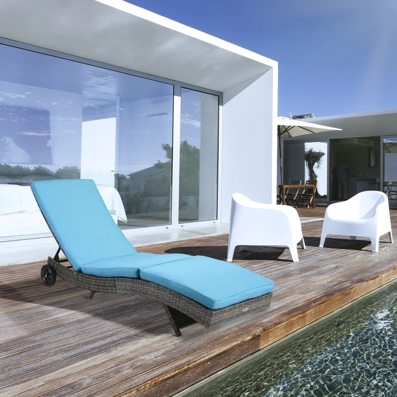 Outsunny Wicker Chaise Lounge Chair Outdoor PE Rattan Cushioned Patio Sun Lounger with 5-Level Adjustable Backrest & Wheels for Easy Movement, Sky Blue