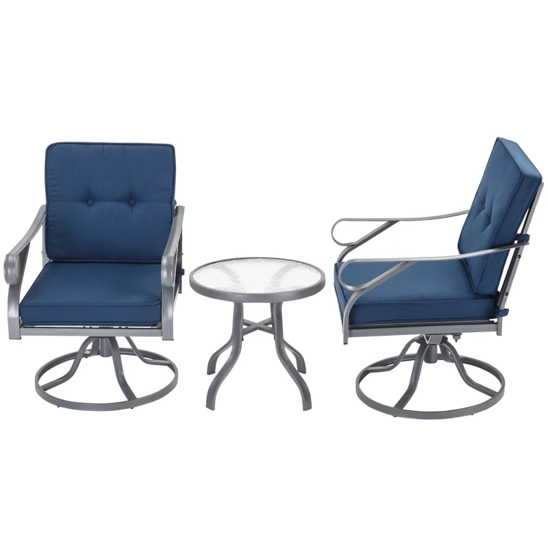 Outsunny 3 Piece Outdoor Patio Bistro Set with 2 360-Degree Swivel Rocking Chairs, Cushions, and 1 Tempered Glass Table for Lawn, Porch, Garden, Blue