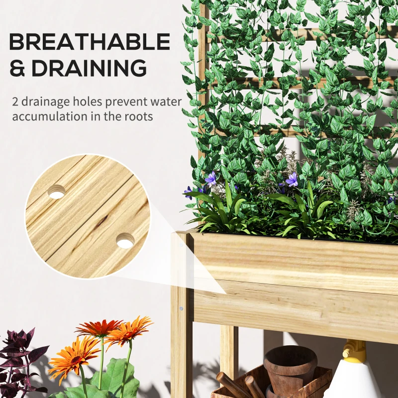 Outsunny Wooden Raised Garden Bed with Trellis, Outdoor Planter Box with Storage Shelf for Vegetables, Flowers, Herbs
