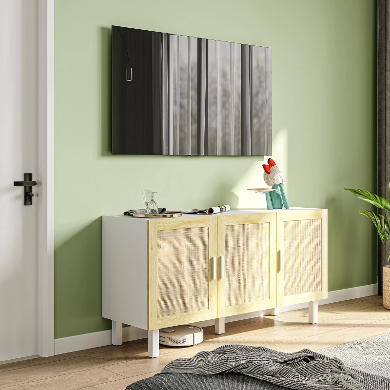 HOMCOM Boho Kitchen Cabinet, Buffet Cabinet with 3 Rattan Doors and Adjustable Shelves for Dining Room, White and Natural