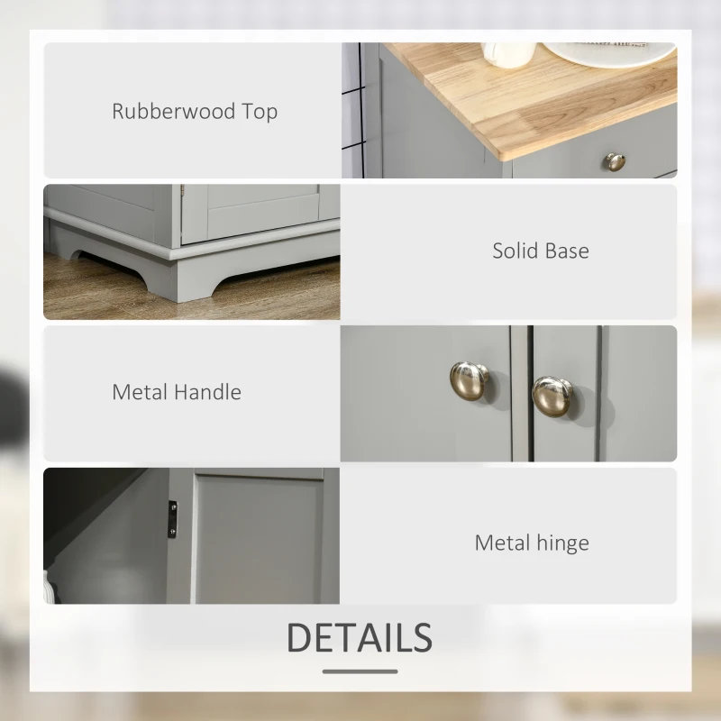 HOMCOM Kitchen Storage Cabinet, Sideboard Floor Cupboard with Solid Wood Top, Adjustable Shelf, and 3 Drawers, Gray