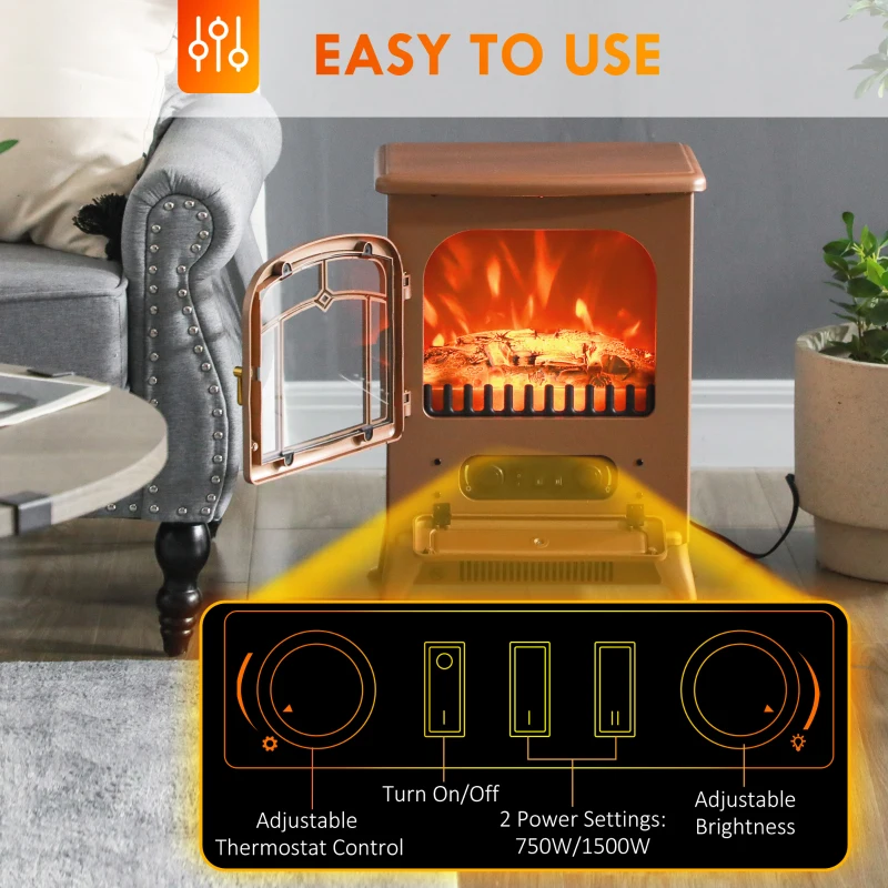 HOMCOM Fireplace Stove, Electric Fireplace Heater with Realistic LED Flames and Logs, 725W/1450W, Dark Brown