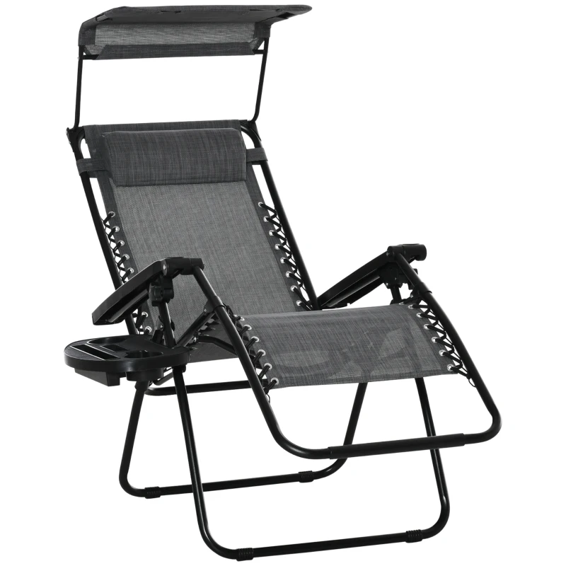 Outsunny Outdoor Zero Gravity Reclining Lounger Chair with Canopy Shade, Side Tray, Cupholder, Light Grey