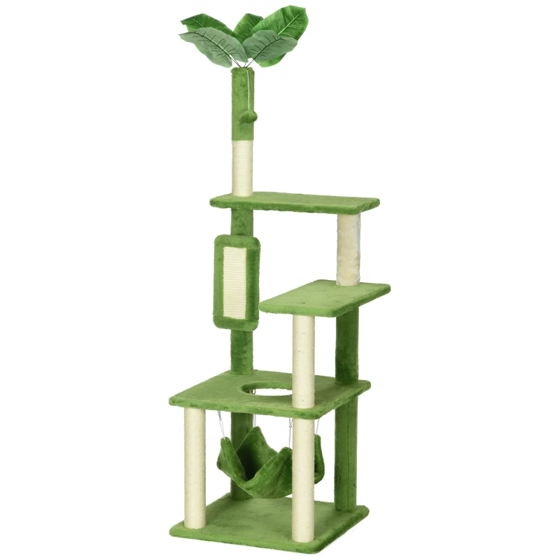 PawHut 56" Cat Tree for Large Cats Adult with Hammock, Cat Tower with Scratching Post, Platforms, Play Ball and Anti-tipping Device, for Indoor Cats, Green