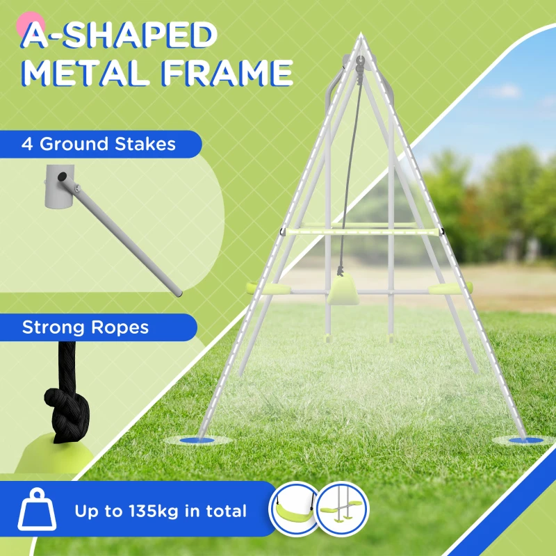 Outsunny Swing Set for Kids, Heavy Duty A-Frame Metal Swing Frame with Glider, Swing Seat, Ground Stakes for Backyard, Green