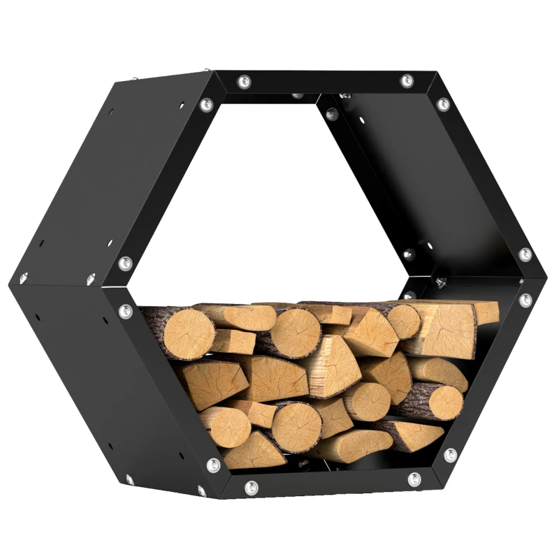 Outsunny Hexagon Firewood Log Rack Heavy-Duty Steel Log Holder for Outdoor Indoor Use, 25.6" x 14.6" x 22.4", Black