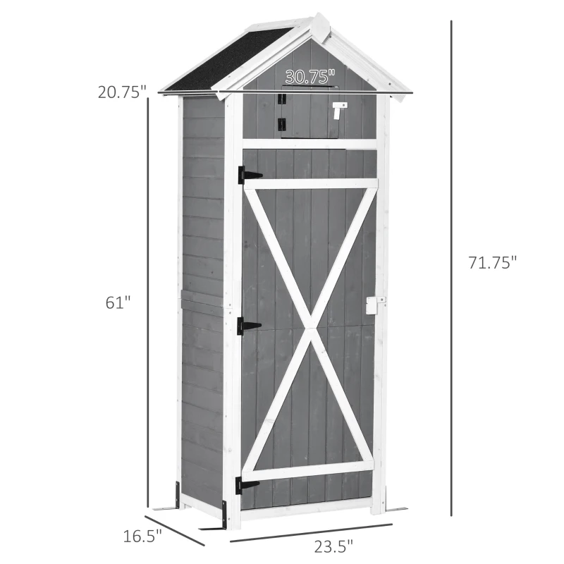 Outsunny 30.75''x 20.75''x71.75'' Garden Wood Storage Shed with Workstation, Hooks and Ground Nails Multifunction Lockable Sheds & Outdoor Storage Asphalt Roof Tool Organizer, Grey