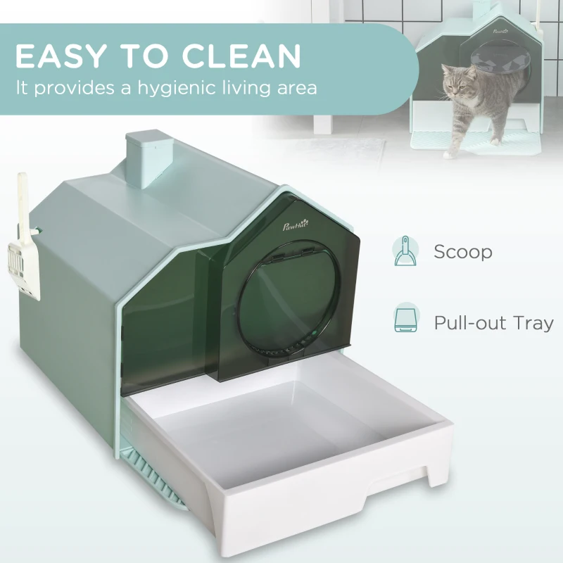 PawHut Hooded Cat Litter Box w/ Litter Mat, Litter Particle Catching, Light Blue