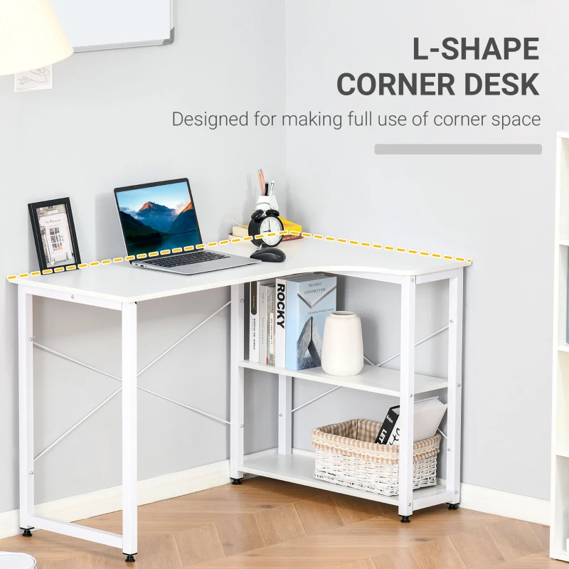 HOMCOM L-Shaped Computer Desk Home Office Corner Desk Study with Wide Desktop, 2 Side Shelves, Steel Frame, White