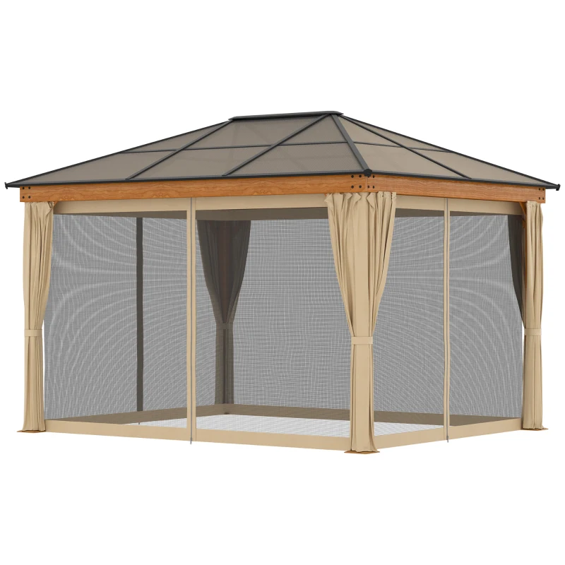Outsunny 10' x 12' Hardtop Polycarbonate Gazebo Canopy Aluminum Frame Pergola w/ Netting and Sidewalls for Garden, Patio, Khaki