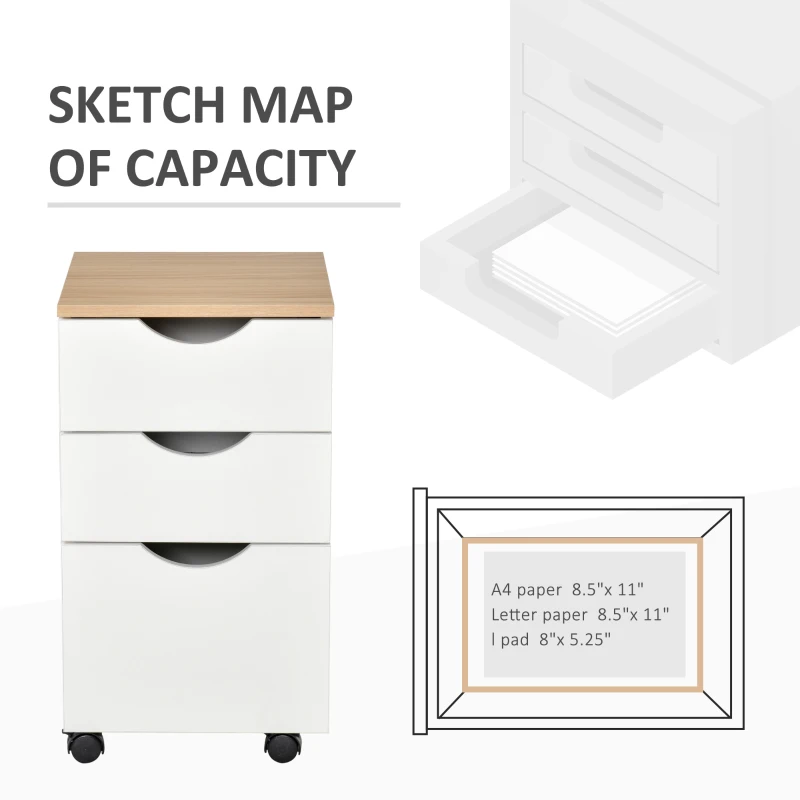 HOMCOM 3-Drawer Storage Cabinet with Wheels for Home Office, White