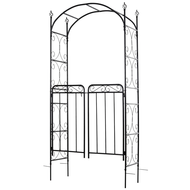 Outsunny 84" Garden Arch Arbor with Gate, Metal Arch Trellis, Garden Archway for Climbing Vines, Wedding Ceremony Decoration, Flourishes & Arrow Tips, Black