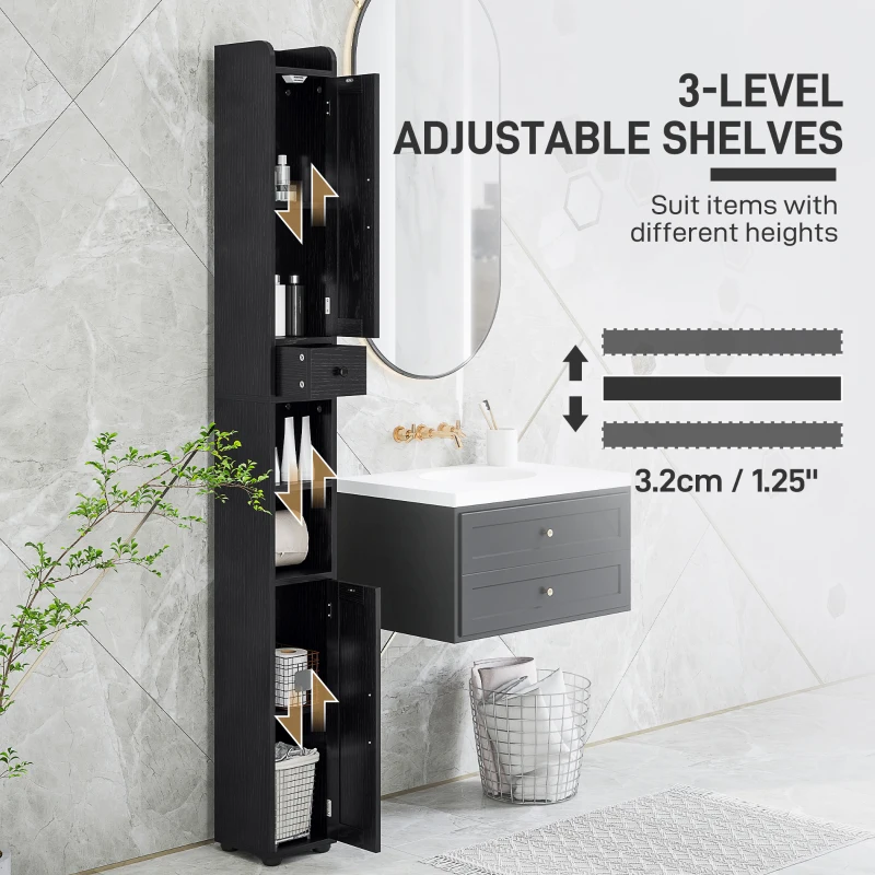 HOMCOM Narrow Bathroom Cabinet, Tall Bathroom Storage Cabinet with Barn Doors, Drawer and Adjustable Shelves, Black Wood Grain