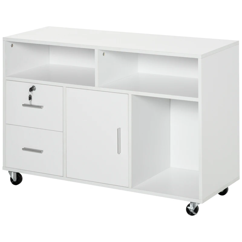 HOMCOM Lateral Filing Cabinet with Open Storage Shelf, Printer Stand Home Office Mobile File Cabinet with Wheels, Lockable Drawer, White