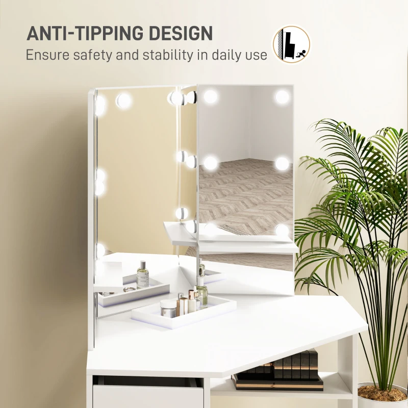 HOMCOM Makeup Vanity Table with 3-Panel Mirror and 10 LED Lights, Dressing Table with 5 Drawers and Shelves for Bedroom, White