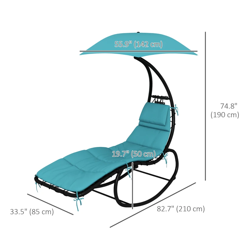 Outsunny Tanning Chair with Sunshade Roof, Rocking Base, Cushion, Headrest, Turquoise