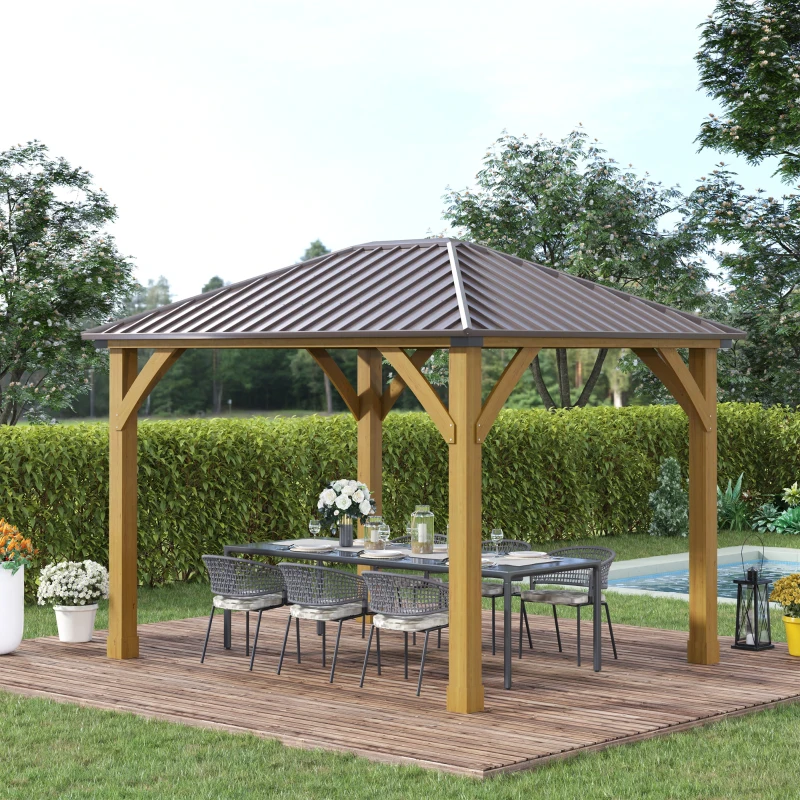 Outsunny 10' x 12' Hardtop Gazebo with Galvanized Steel Roof, Wooden Frame, Permanent Pavilion Outdoor Gazebo Canopy, for Patio, Garden, Backyard, Deck, Lawn, Brown
