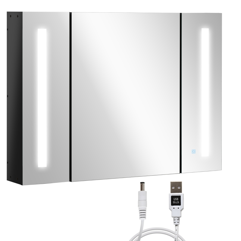 kleankin Medicine Cabinet with Mirror, Wall Mounted Bathroom Mirror Cabinet with Adjustable Shelf, USB Charge, High Gloss Black