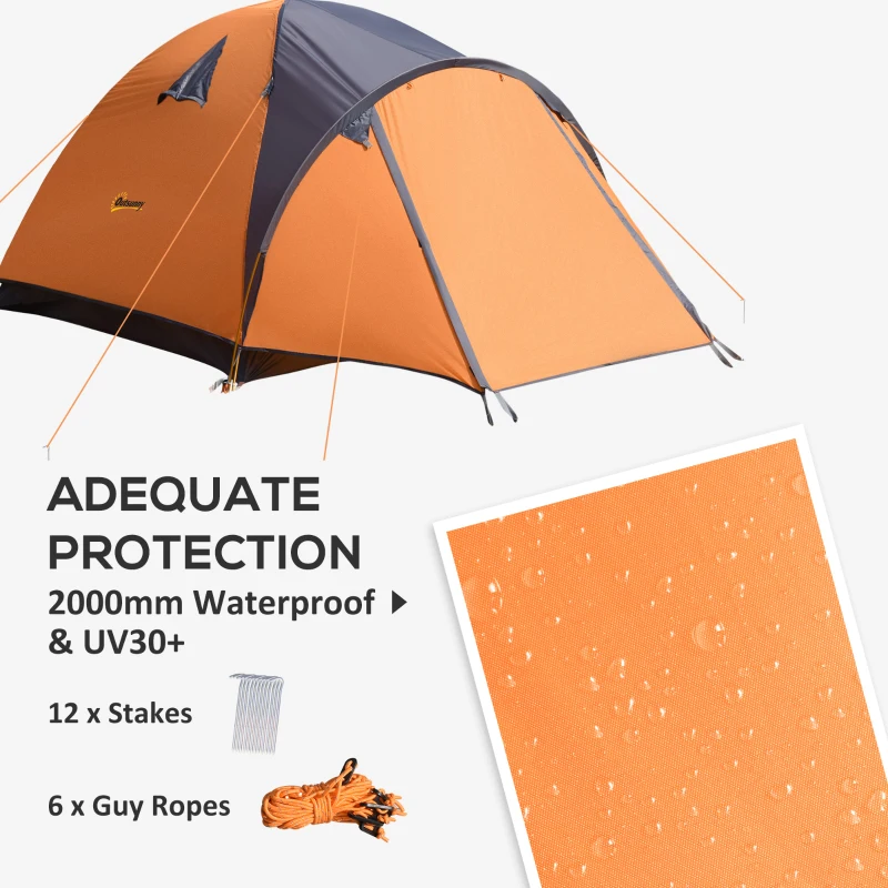 Outsunny Camping Tent with Porch for 4 People, Compact Portable Travel Camping Gear with 3 Doors, Outdoor Dome Tent for Backpacking Hiking or Beach with Windows, Carrying Bag, Orange