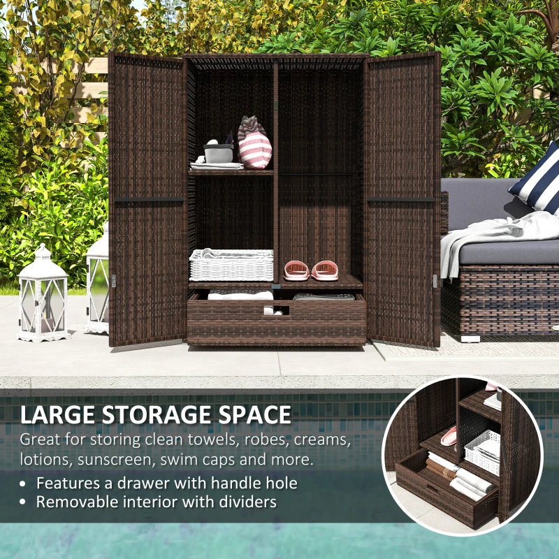 Outsunny Outdoor Storage Cabinet with Shelves, Rattan Pool Towel Storage Cabinet with Removable Shelf & Drawer, Mixed Brown