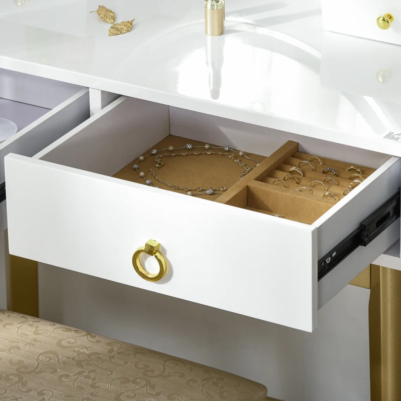 HOMCOM Makeup Vanity Table Set with Round Mirror, Built-in 3 Color LED Light, Dressing Desk with 4 Drawers and Cushioned Stool for Bedroom, White