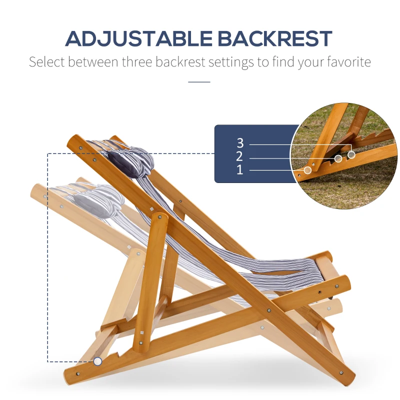 Outsunny 2-Person Sling Chair, Reclining Double Lounger for Patio, Beach, Camping, Lawn, Wood Folding Chair with Recliner Design for 2 Adults, White & Gray Stripes