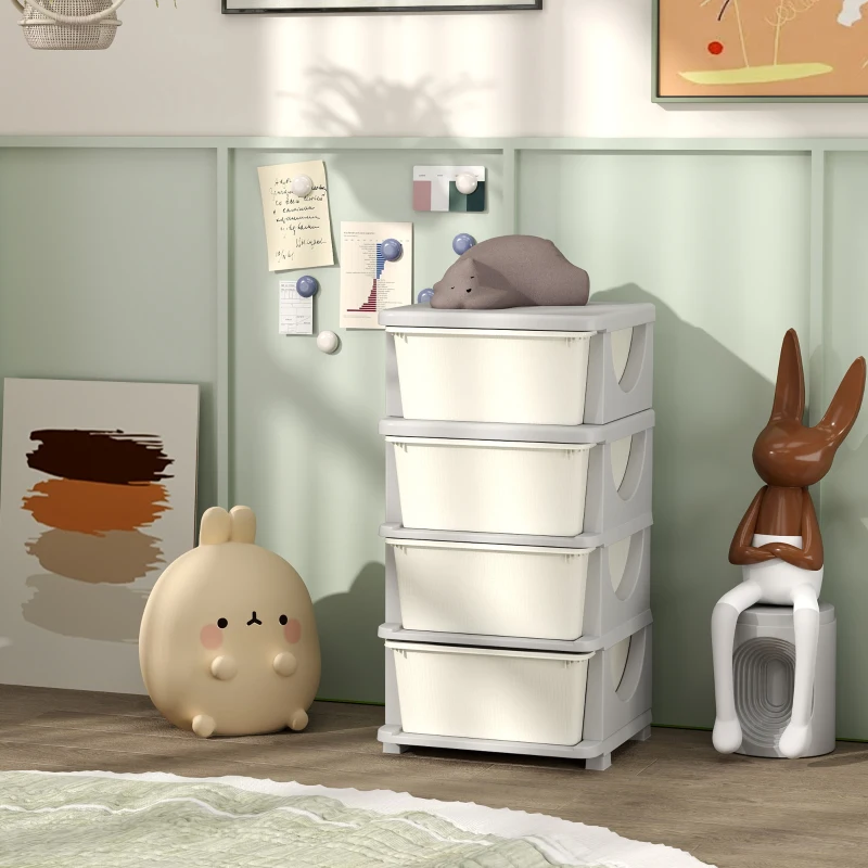 Qaba 30" 4 Tier Kids Storage Unit Dresser Tower w/ 4 Drawers, Cream White