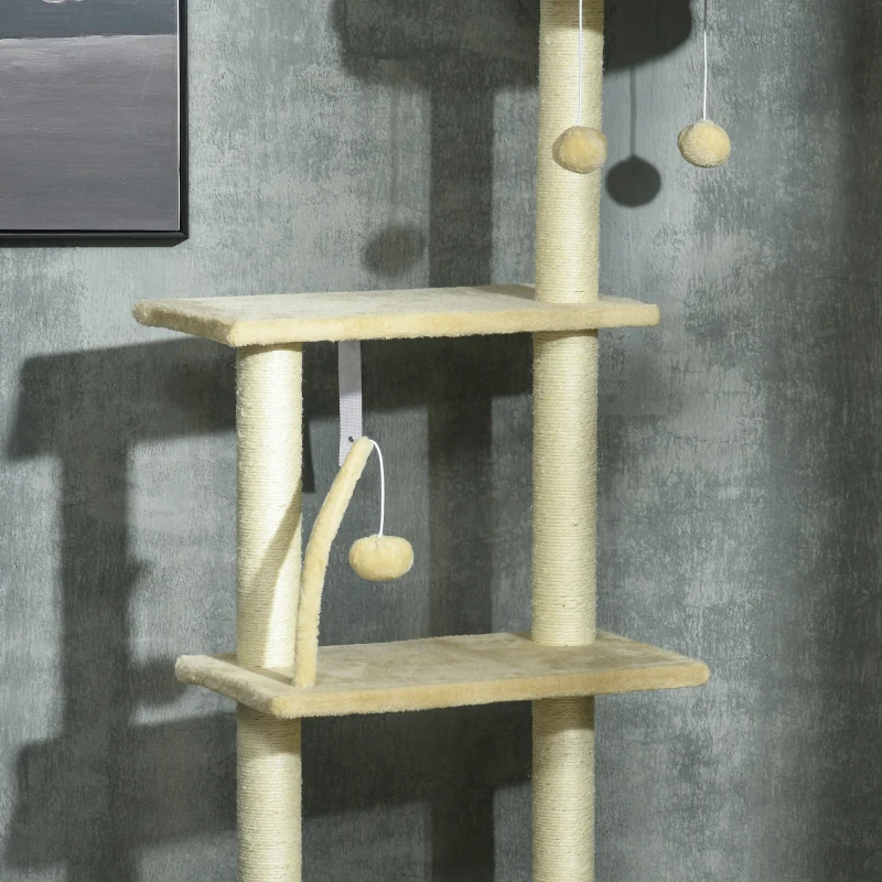 PawHut Floor to Ceiling Cat Tree, Cat Climbing Tower with Platforms, Bed, Hammock, Scratching Posts, Toy Balls, Beige