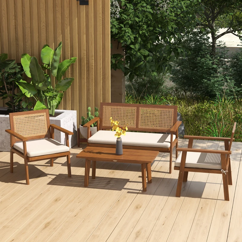 Outsunny 4 Pcs Patio Furniture Set Wicker Furniture Set w/ Seat Cushions with Loveseat Sofa, Seat Cushions for Garden, Backyard