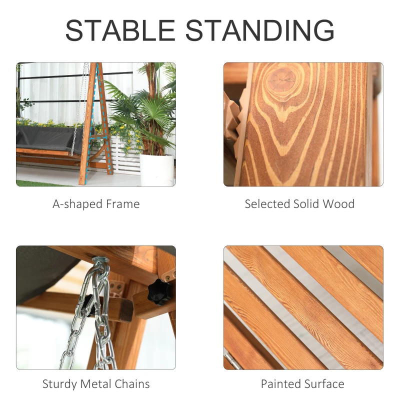 Outsunny 3 Seater Patio Swing Chair Convertible Cushioned Porch Swing Bed with Canopy, Wood Frame for Outdoor, Backyard, Garden