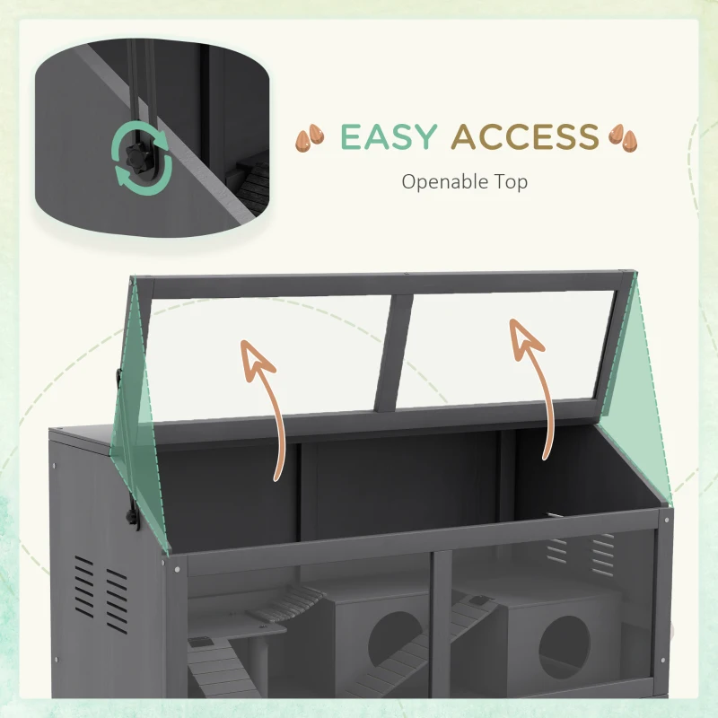 PawHut Rat Cage, Hamster Cage Wooden with Suspension Bridge, Ladders, Openable Top, Hut, Platform, for Gerbils Mice, Dark Grey