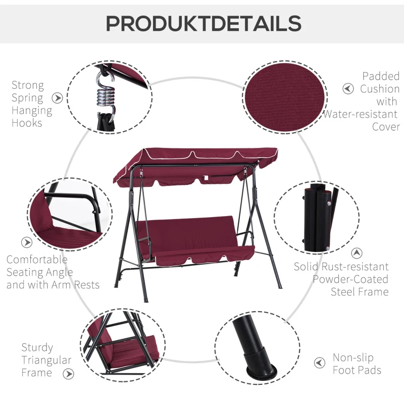 Outsunny 3-Seater Outdoor Porch Swing with Adjustable Canopy, Patio Swing Chair for Garden, Poolside, Backyard, Wine Red