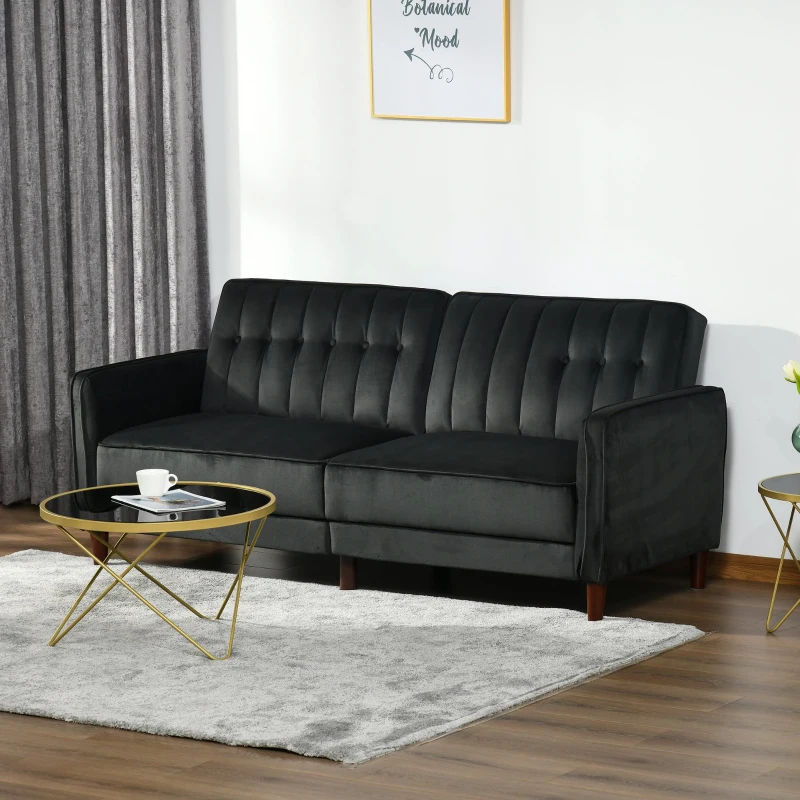 HOMCOM Convertible Sofa Sleeper Futon with Split Back Design Recline, Thick Padded Velvet-Touch Cushion Seating and Wood Legs, Black